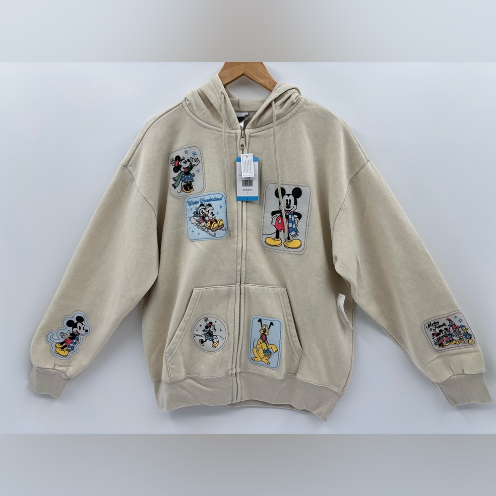 Disney Mickey Friends Winter Wonderland Zip Hoodie Women L Ivory Multipatch NWT